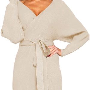 Sweater Dress Sexy V Neck Long Sleeve Backless Wrap Knitted Mini Dresses